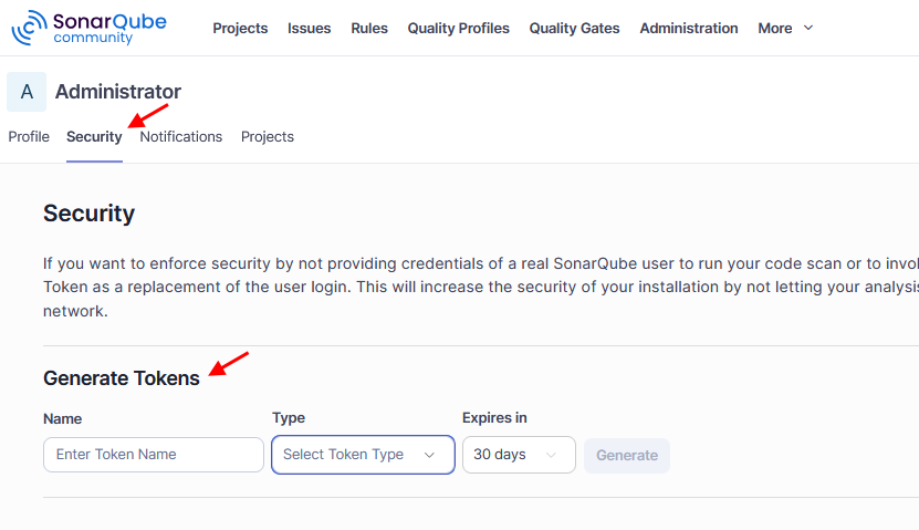 Generate tokens in Security tab