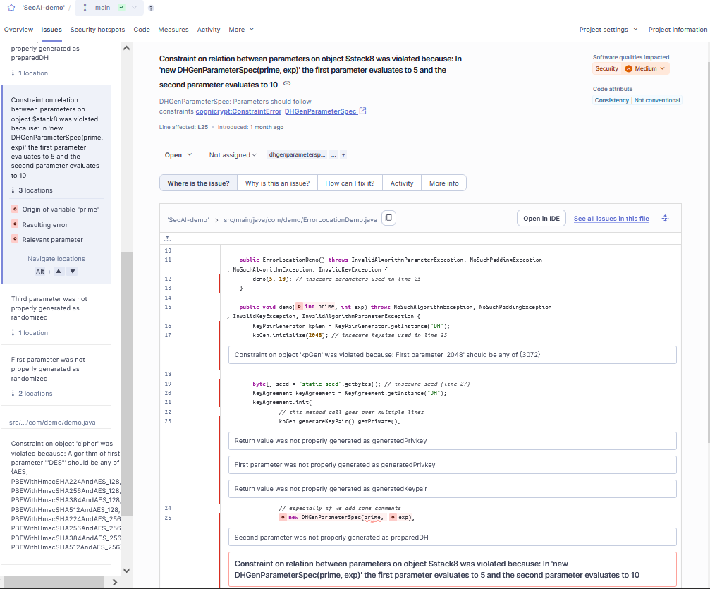 Selected issue in SonarQube web interface