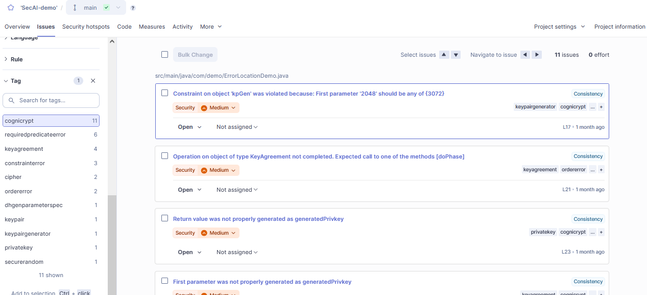 SonarQube issue interface with filter for CogniCrypt